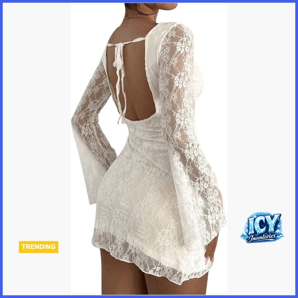 Lace Mini Dress with Tie Backless Long Sleeve Bodycon